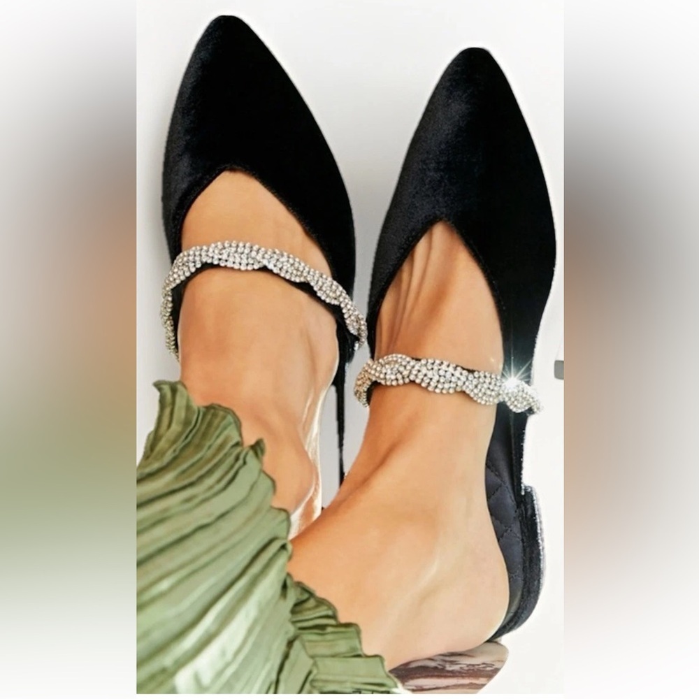 Birdies The Swan Black Velour Velvet Gem Bling Slip On Shoes Flats Size 9